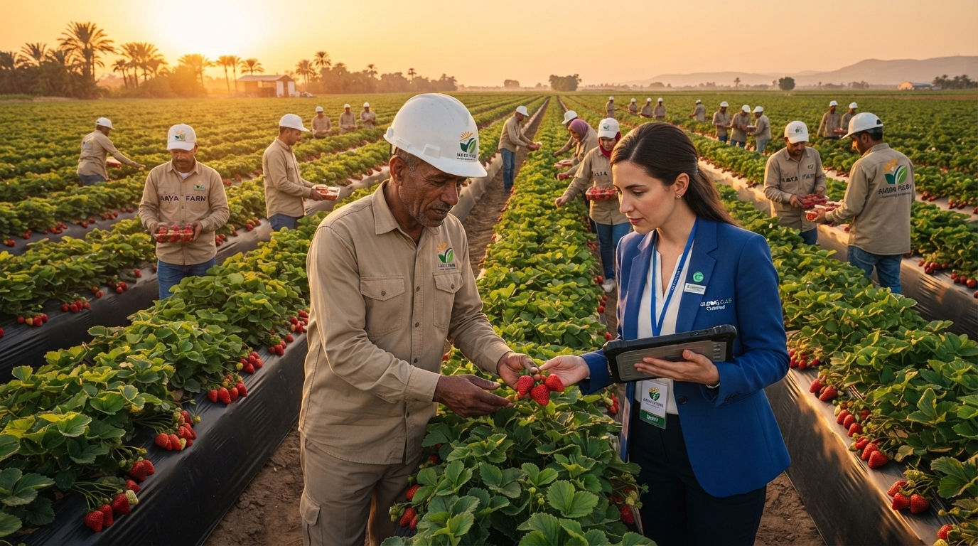 Ultra-realistic commercial photography of a modern food safety inspection process in an Egyptian agricultural export facility. A professional worker in a clean white uniform and hairnet is reviewing product traceability data on a digital tablet. The environment features professional export crates filled EXCLUSIVELY with uniform, premium green table grapes.